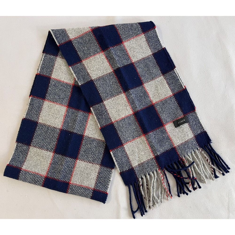 J. CREW Wool Viscose Tartan Plaid Fringed Scarf Red Blue Gray 48"x9"